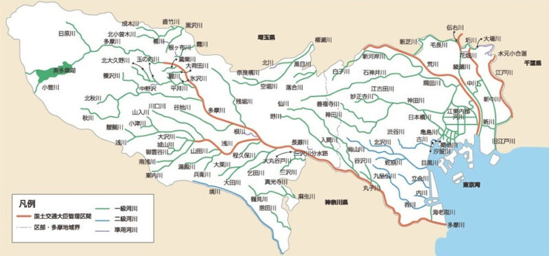 東京都内の河川を示した地図。