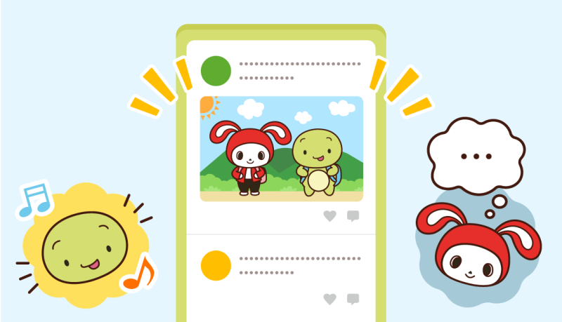 ぜんいちとマイッキーが写真の投稿について考えているイラスト